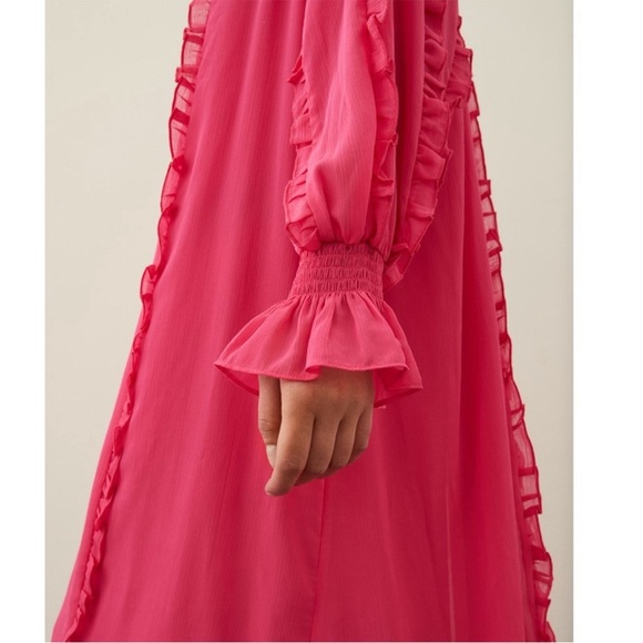 H&M Modest Chiffon Maxi Dress Cerise Pink A-Line Long Sleeve Ruffles XS - Picture 4 of 13
